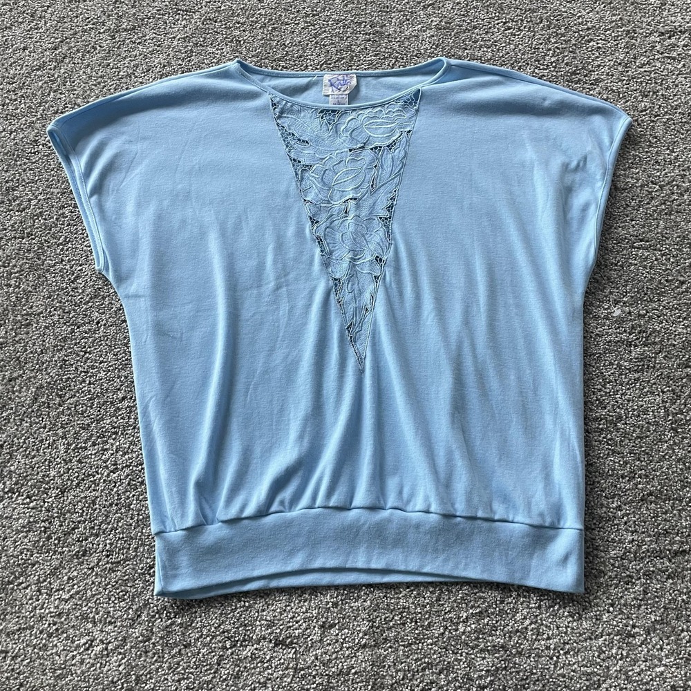 Vintage Rialto Shirt Womens Large Blue Lace Insert Dolman Sleeve Boat Neck Top